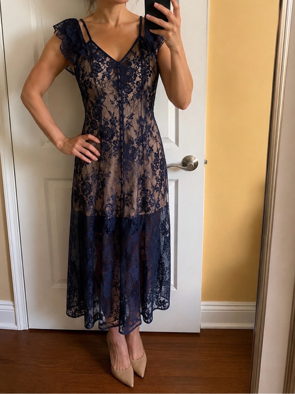 Minuet Petite Navy & Nude Lace Midi Dress